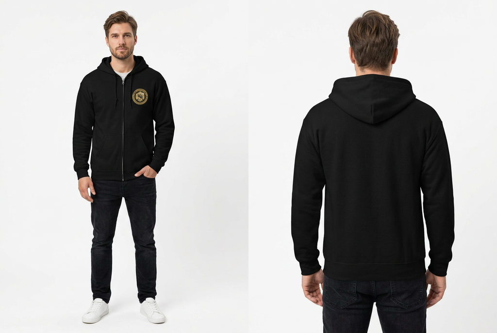 Model wearing Stinging Bee Zippered Hoodie front and back