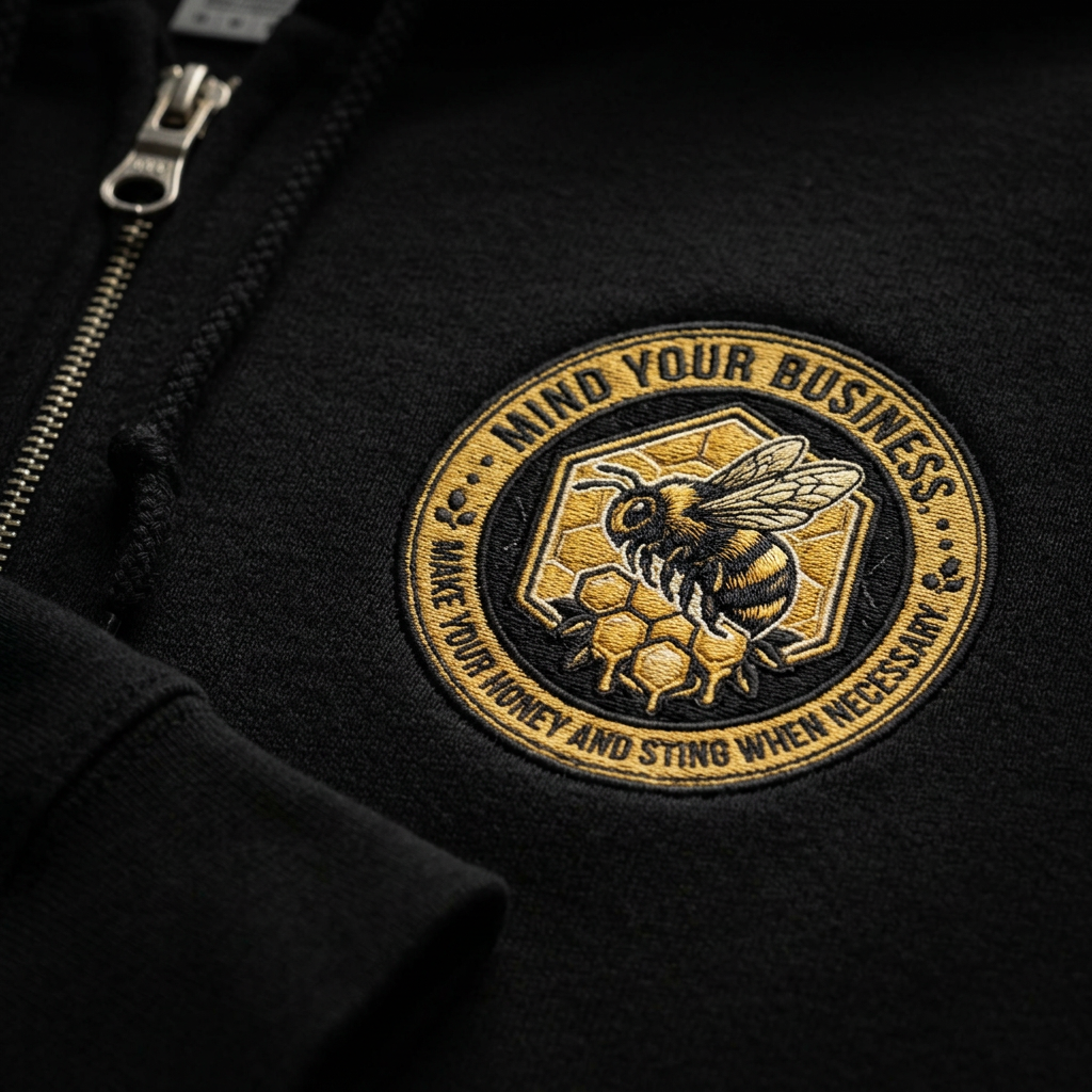 Close-up of Mind Your Business bee badge on hoodie