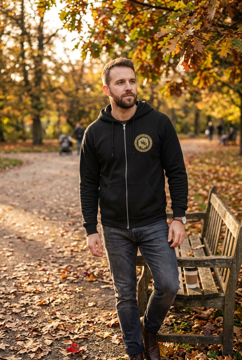 Man wearing Stinging Bee Zippered Hoodie outdoors